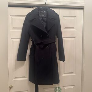 Banana Republic Mario Bellucci Long Wool Belted Trench Coat Navy Blue Medium